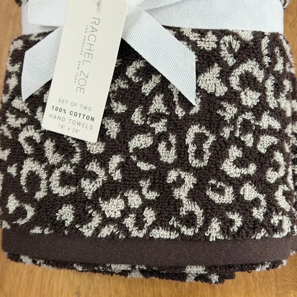 Rachel Zoe Leopard Cheetah Animal Print Hand Towel Set of 2 Brown Beige 18 x 28